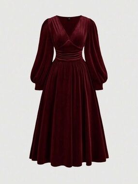 🍷 Burgundy Velvet Ruched Wrap Midi Dress Long Sleeve Elegant Holiday 🍷